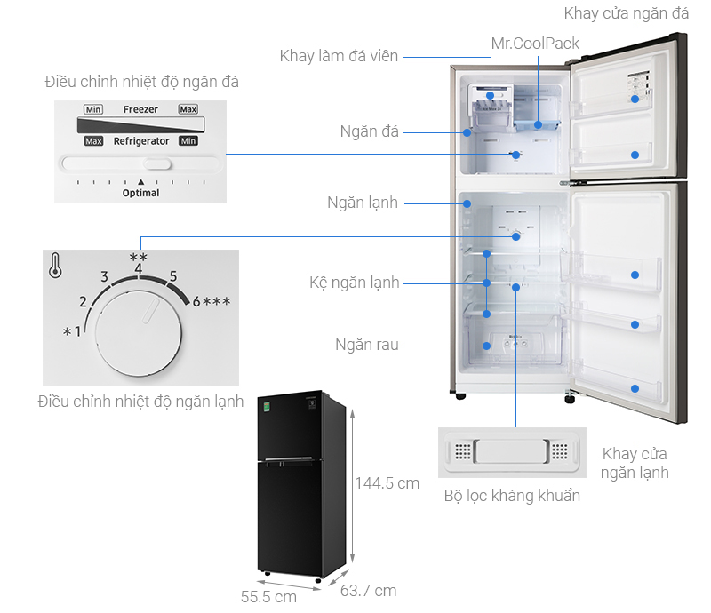 Thiết kế bên trong và các thiết bị tiện nghi samsung 208l RT20HAR8DBU